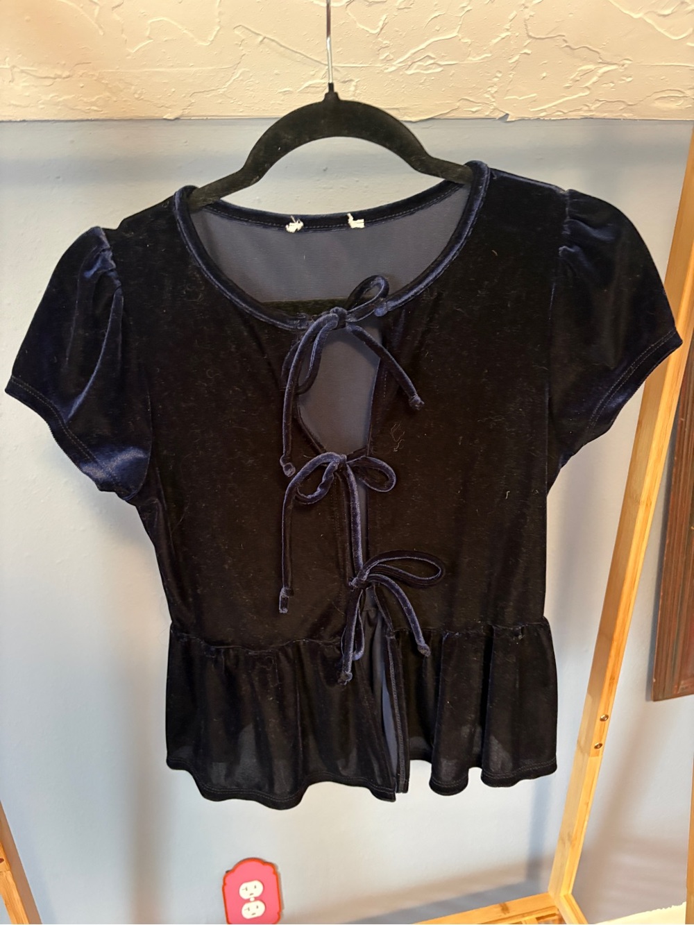 Blue Velvet Tie-Front Peplum Top